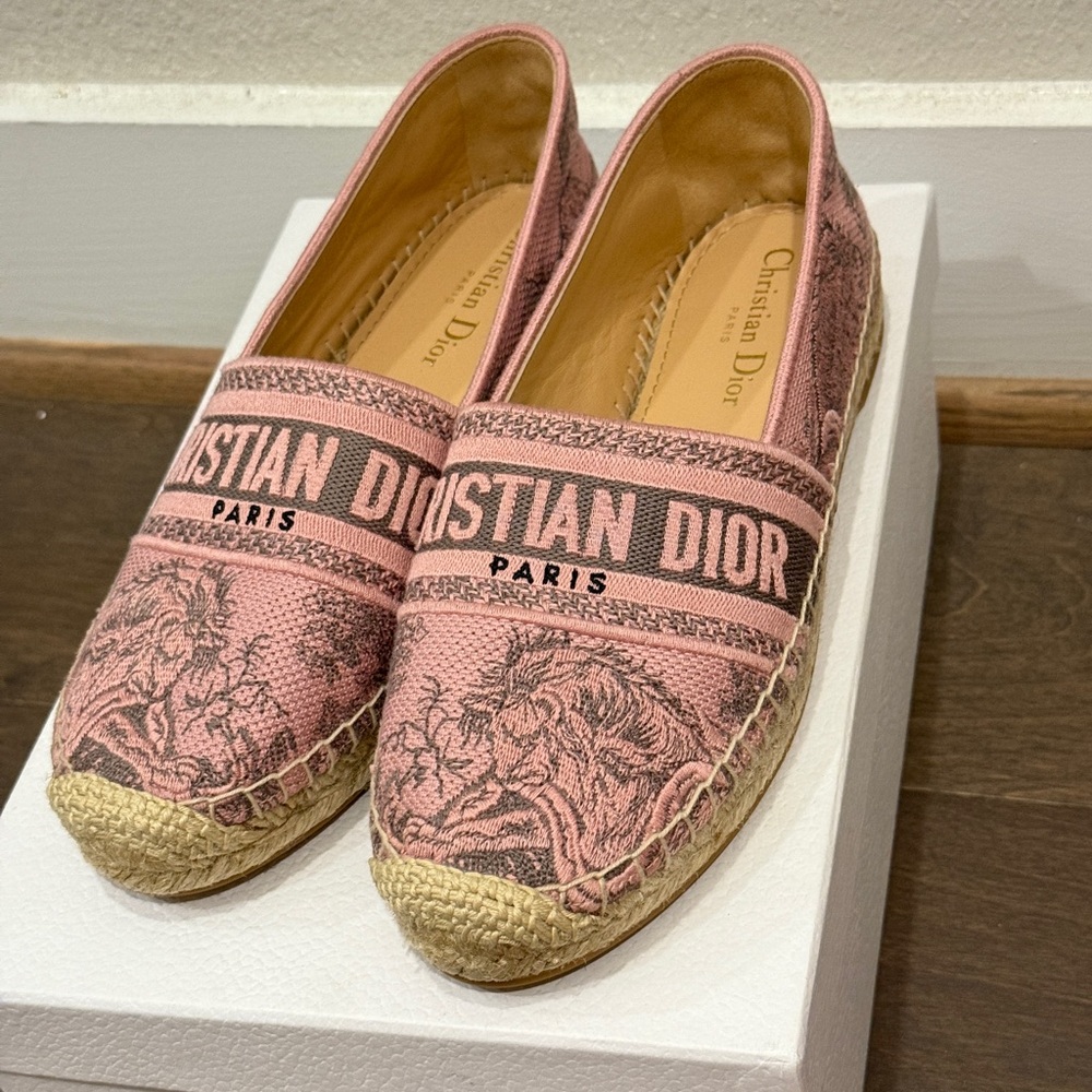 Dior BNIB Granville Toile De Jouy Embroidered Pink Gray Logo Espadrille 38.5 - Picture 5 of 12